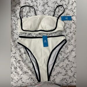Cupshe White Ribbed Bikini with Black Accents